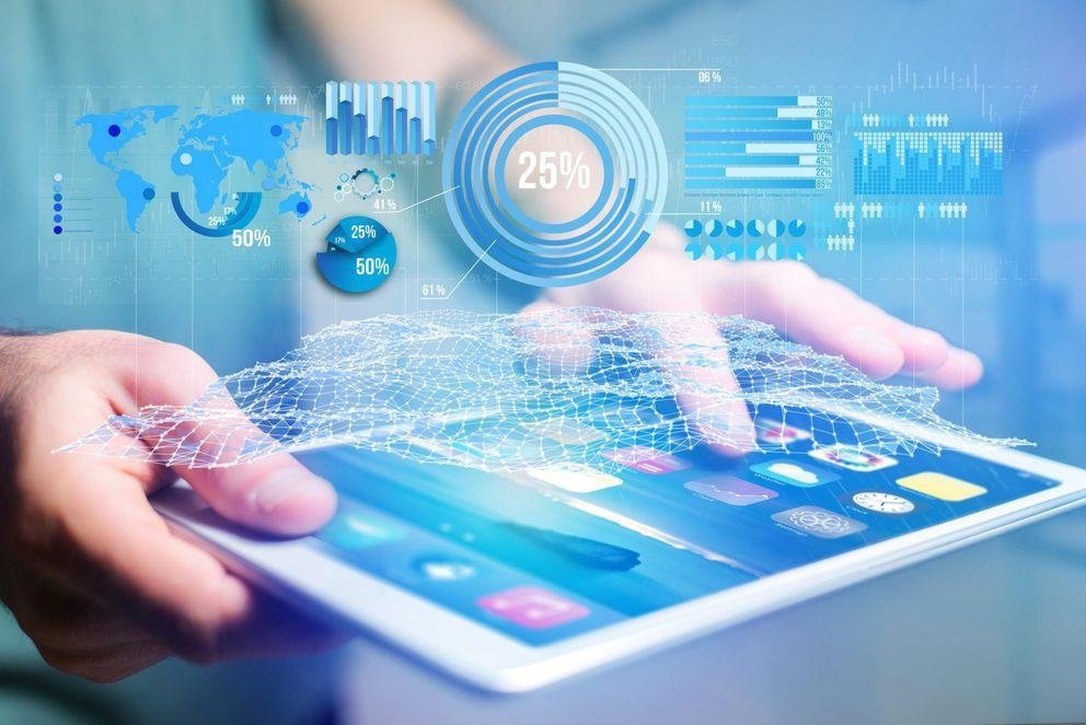 Business stats displayed as graph and chart on a futuristic inte