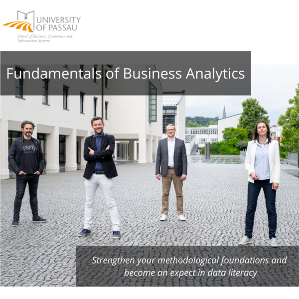 Die vier Dozenten des Kurses ( von links nach rechts: Prof. Dr. Harry Haupt, Dr. Joachim Schnurbus, Prof. Dr. Dirk Totzek, Prof. Dr. Alena Otto) auf dem Campus der Universität Passau.