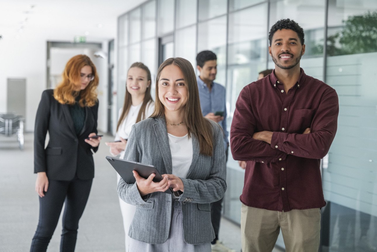 Students standing in a hall