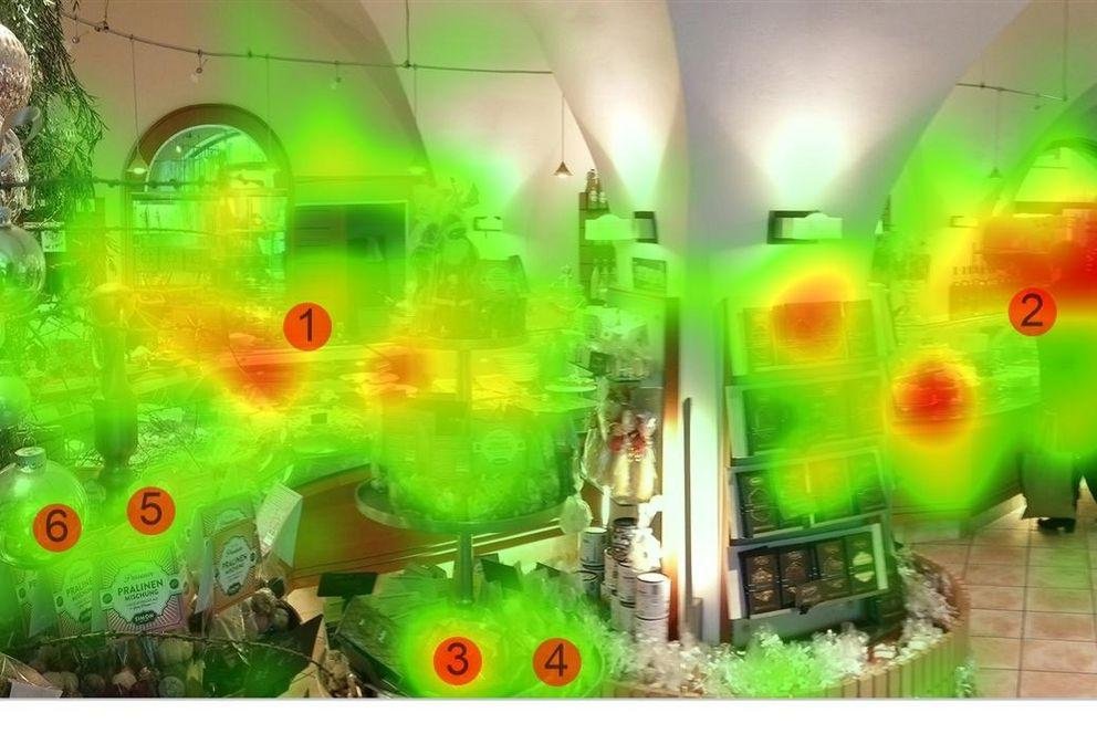 Im Rahmen einer Praxiskooperation entstand diese Heatmap eines Verkaufsraums. Sie macht sichtbar, was die Blicke der Kunden in welcher Reihenfolge anzieht. Je roter die Farbe, desto länger verweilt der Blick. Daraus ergeben sich Ansatzpunkte für eine optimale Warenpräsentation. Bildnachweis: Universität Passau/Projekt DIGIONAL.