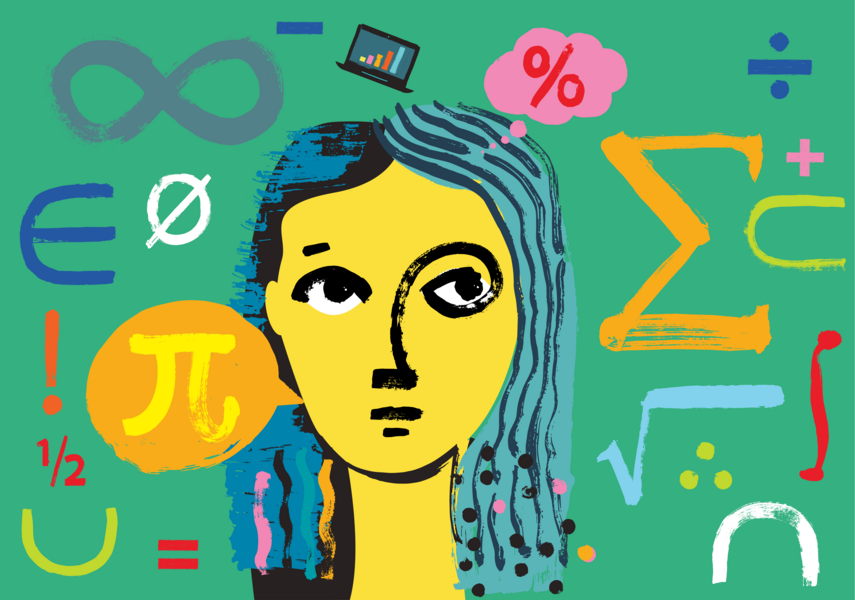 Frau vor mintfarbenem Hintergrund mit mathematischen Zeichen