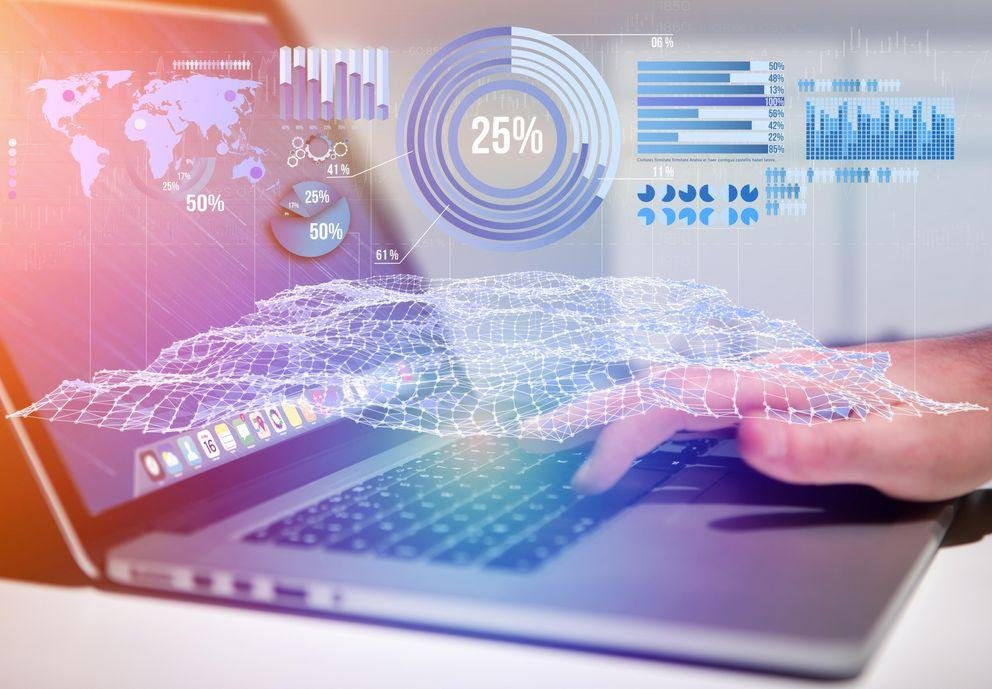 Business stats displayed as graph and chart on a futuristic inte