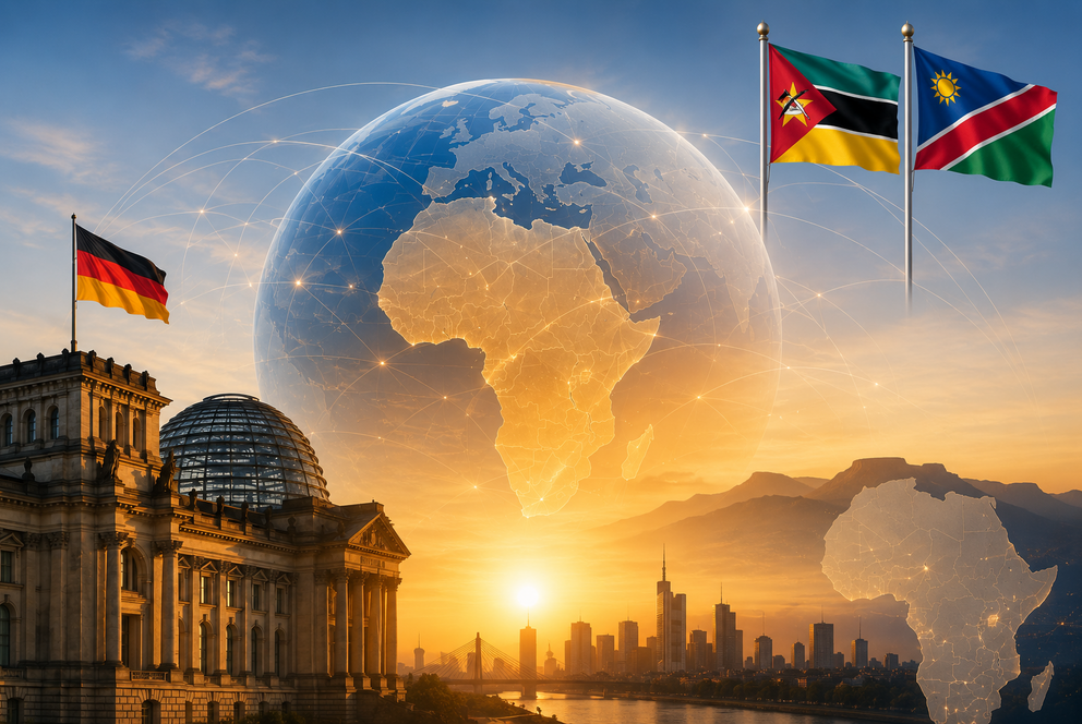 KI-generiertes Bild mit dem Reichstag, der Weltkugel und zwei Flaggen
