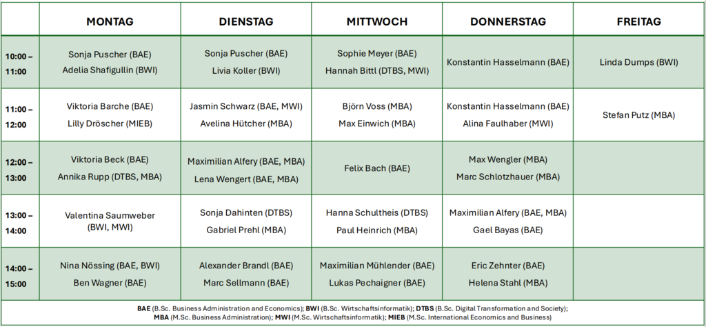 Sprechzeiten Fachschaft Wirtschaft WiSe 2025/26