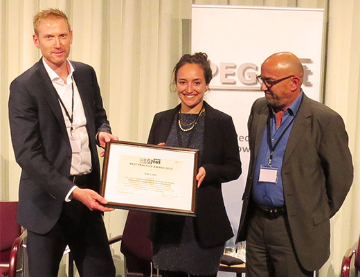 Prof. Dr. Michael Grimm (Universität Passau, v.l.) und Luciane Lenz (RWI Essen) nahmen den Preis von Prof. Dr. Manfred Wiebelt (PEGNet) in Berlin entgegen.